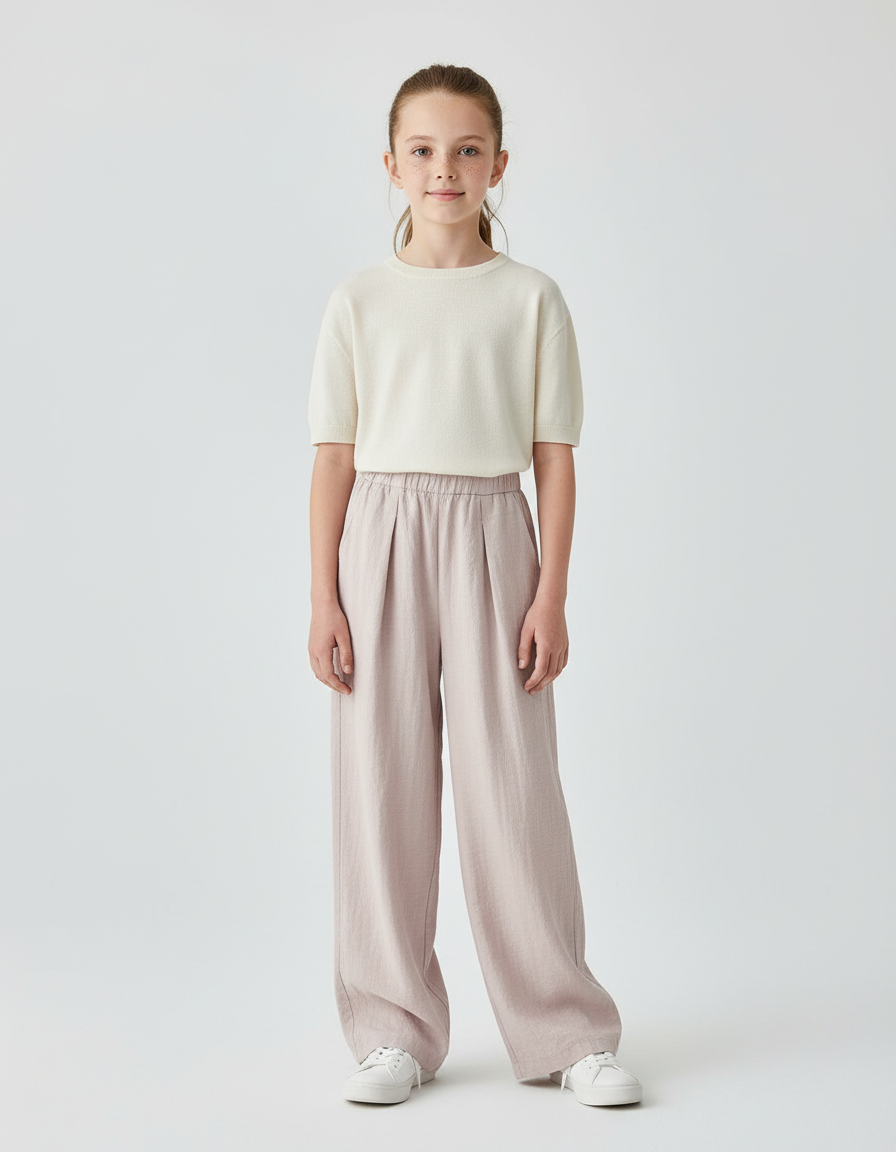 Pantalon Beige Ample Fluide Enfant Coton Plissé - Rose Lin