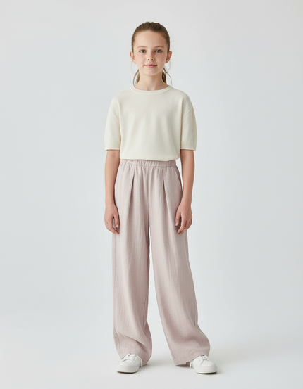 Pantalon Beige Ample Fluide Enfant Coton Plissé - Rose Lin