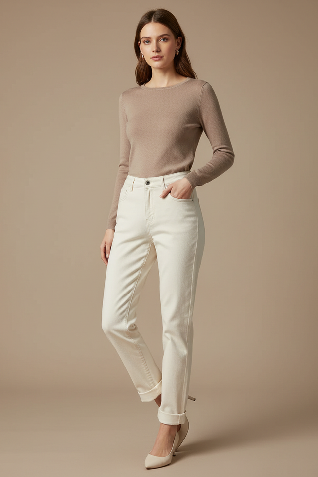 Pantalon Beige Écru Droit Décontracté Femme Élégant - Jean