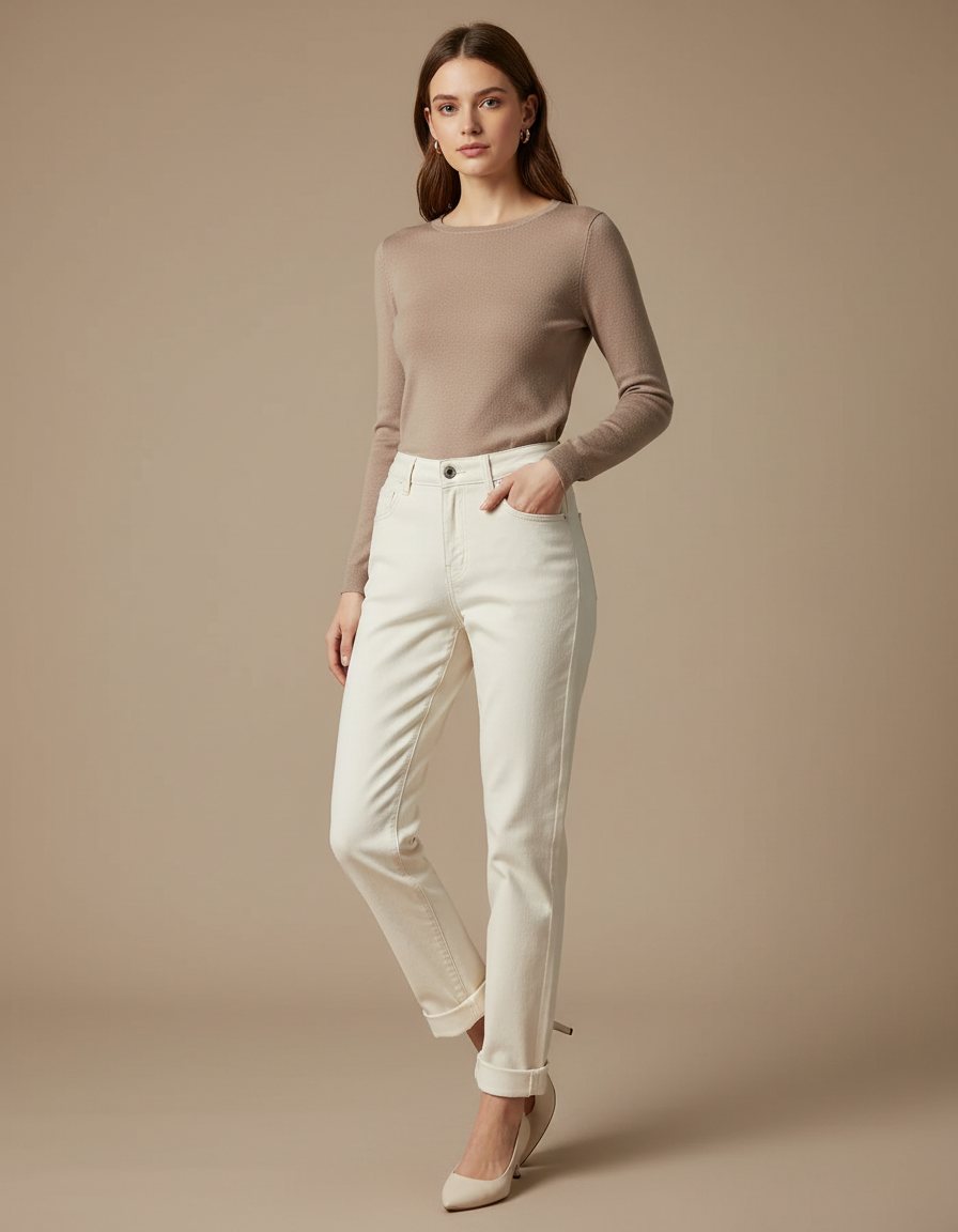Pantalon Beige Écru Droit Décontracté Femme Élégant - Jean