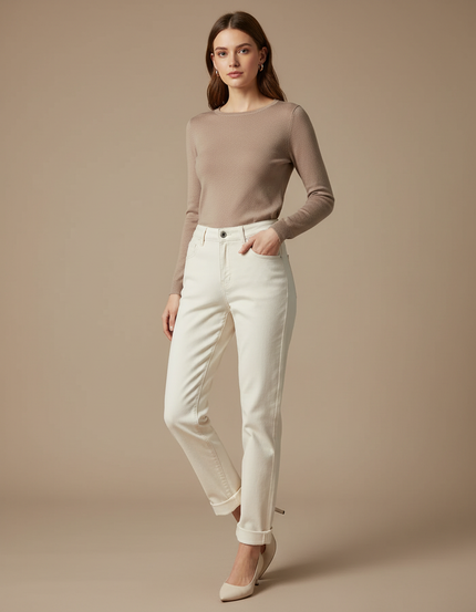 Pantalon Beige Écru Droit Décontracté Femme Élégant - Jean