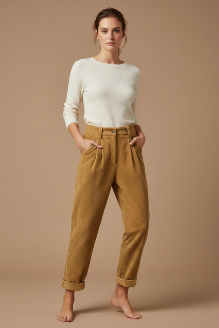 Pantalon Beige Côtelé Ample Taille Haute Décontracté - Camel Cordé