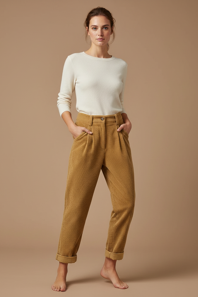 Pantalon Beige Côtelé Ample Taille Haute Décontracté - Camel Cordé