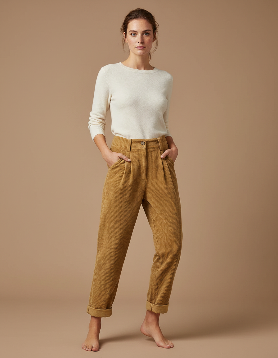 Pantalon Beige Côtelé Ample Taille Haute Décontracté - Camel Cordé