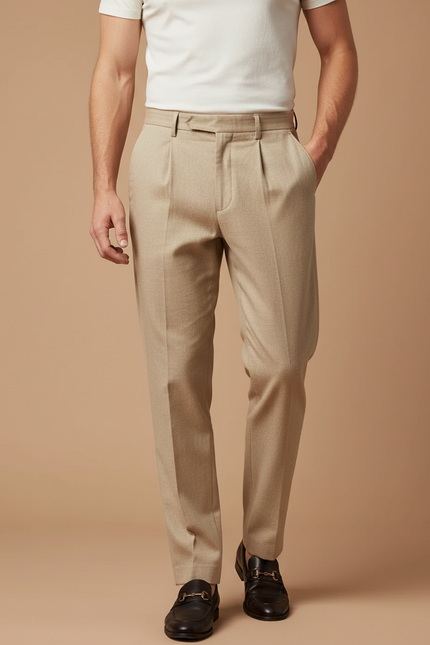 Pantalon Beige Homme Plissé Droit Élégant Business - Gabardine