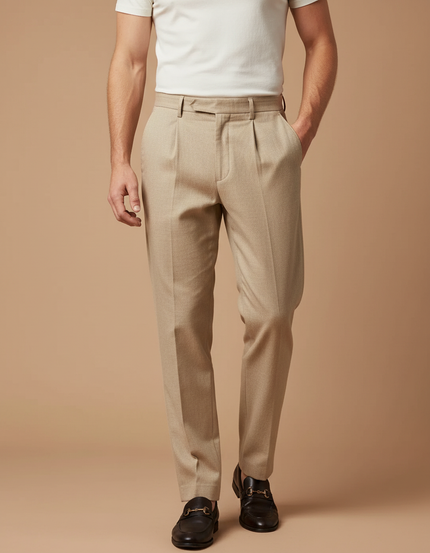 Pantalon Beige Homme Plissé Droit Élégant Business - Gabardine