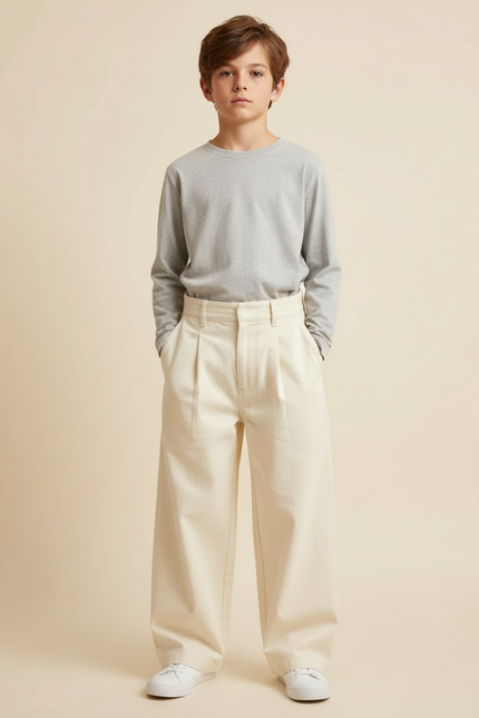 Pantalon Beige Ample Coton Plissé Enfant Décontracté