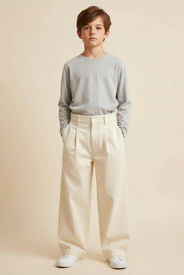 Pantalon Beige Ample Coton Plissé Enfant Décontracté