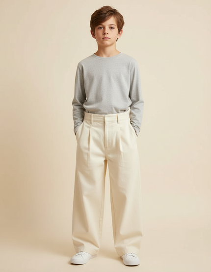 Pantalon Beige Ample Coton Plissé Enfant Décontracté