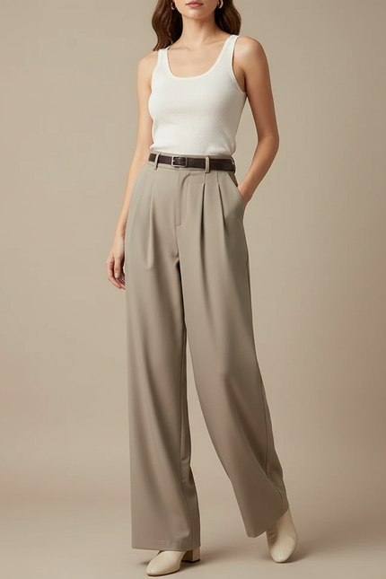 Pantalon Beige Ample Fluide Plissé Élégant Femme - Polyester