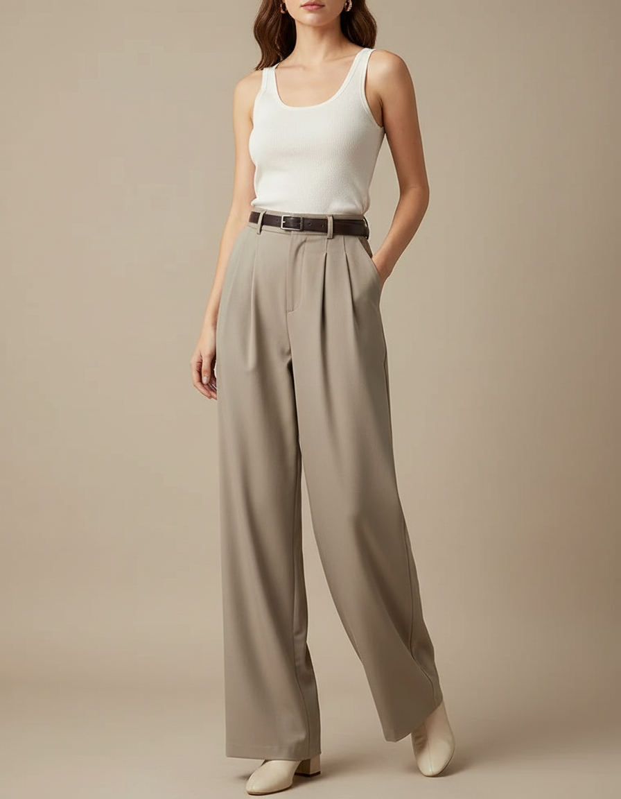 Pantalon Beige Ample Fluide Plissé Élégant Femme - Polyester