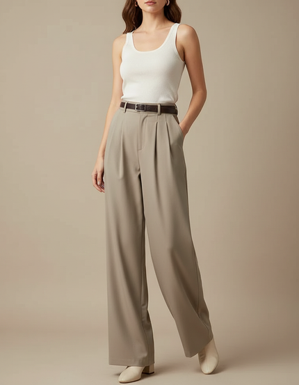 Pantalon Beige Ample Fluide Plissé Élégant Femme - Polyester