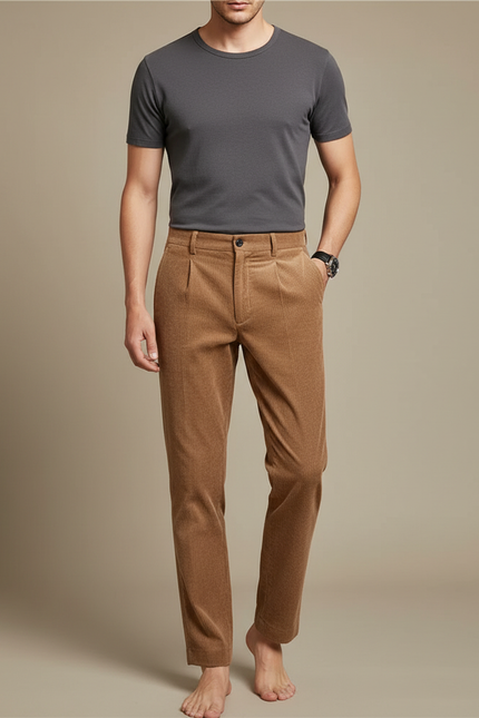 Pantalon Beige Côtelé Plissé Décontracté Homme Élastique - Camel Cordé