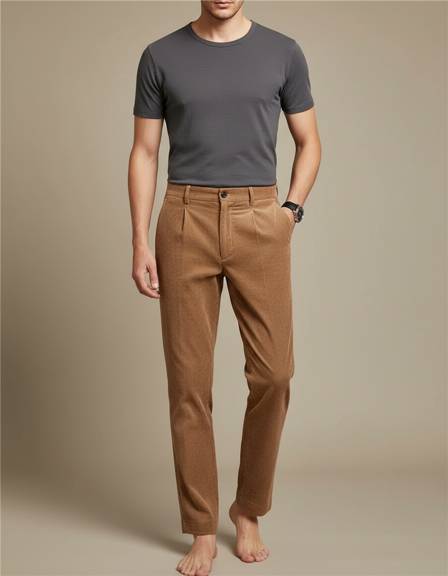 Pantalon Beige Côtelé Plissé Décontracté Homme Élastique - Camel Cordé