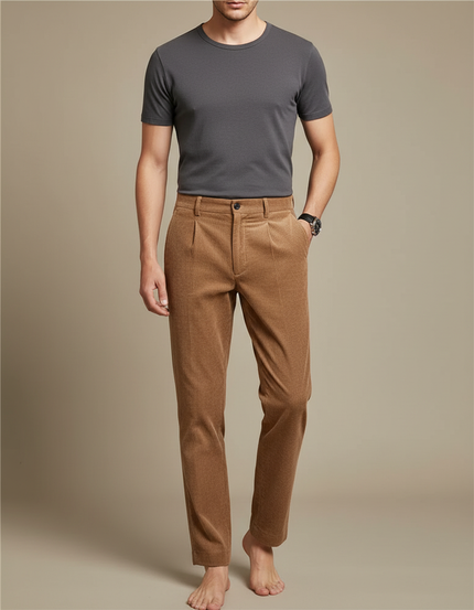 Pantalon Beige Côtelé Plissé Décontracté Homme Élastique - Camel Cordé