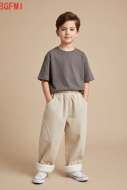 Pantalon Beige Côtelé Ample Doublé Polaire Enfant - Cordé