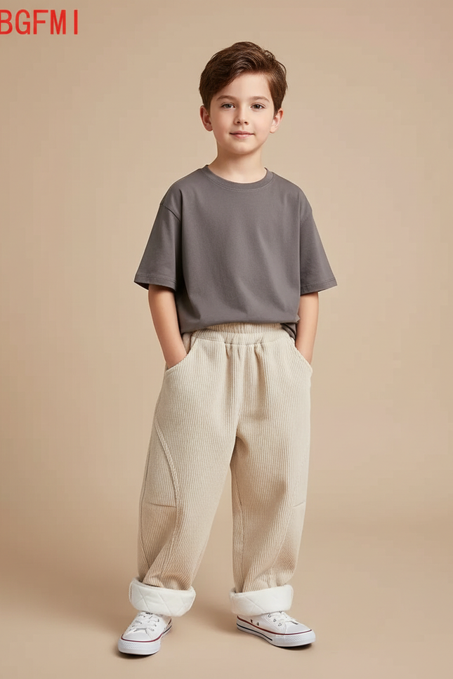 Pantalon Beige Côtelé Ample Doublé Polaire Enfant - Cordé