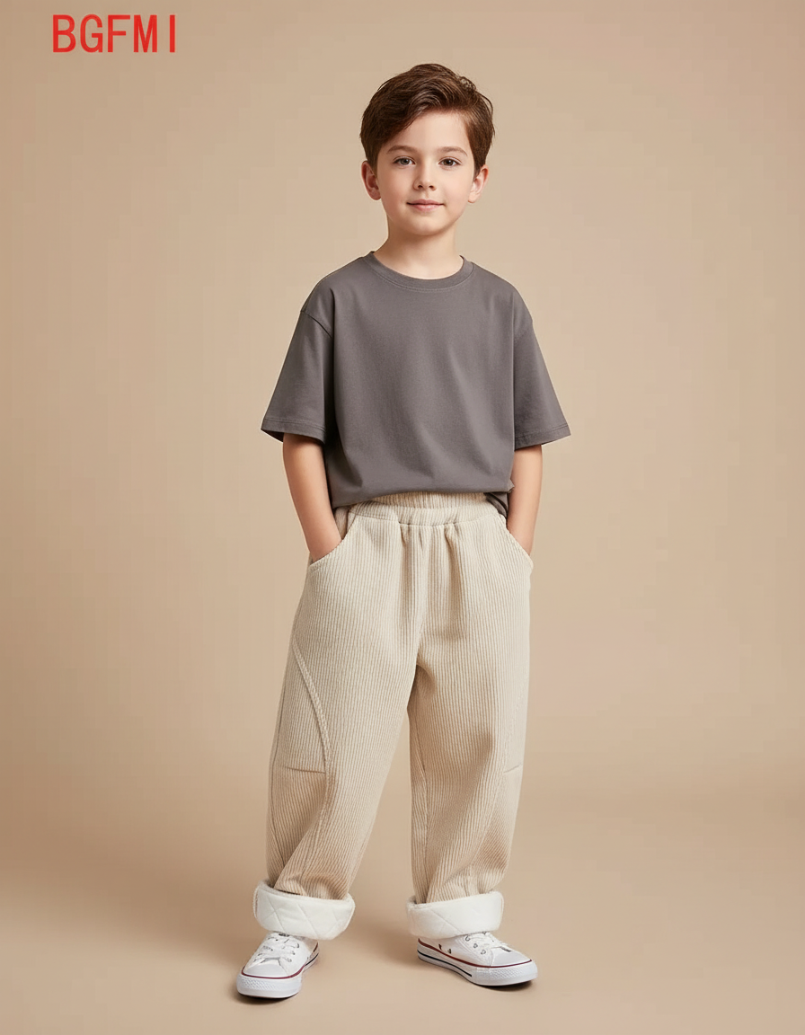 Pantalon Beige Côtelé Ample Doublé Polaire Enfant - Cordé