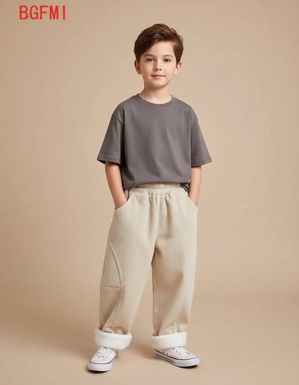 Pantalon Beige Côtelé Ample Doublé Polaire Enfant - Cordé