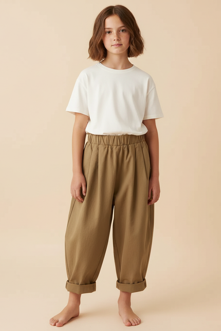 Pantalon Beige Ample Coton Enfant Décontracté Uni - Kaki