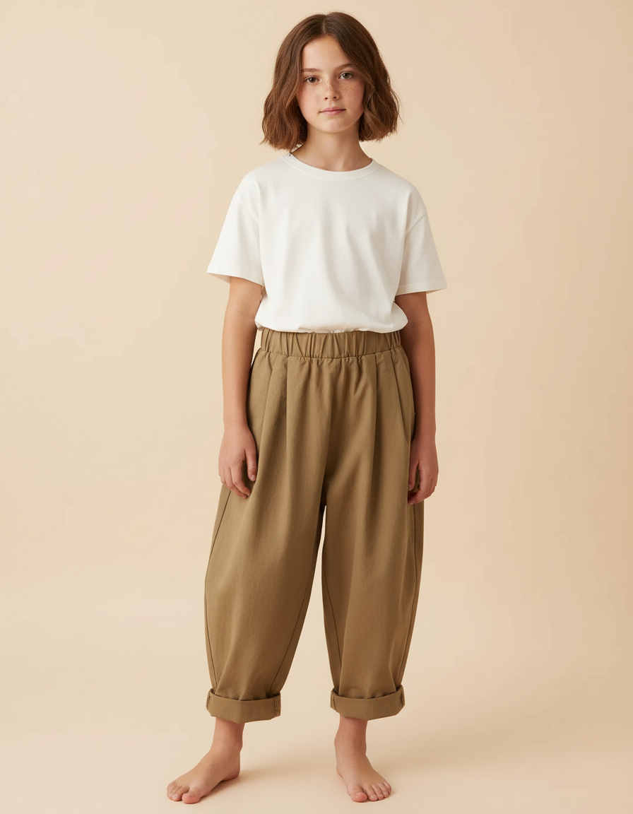Pantalon Beige Ample Coton Enfant Décontracté Uni - Kaki