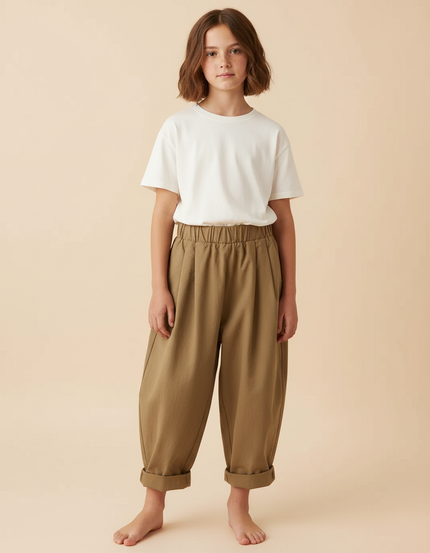 Pantalon Beige Ample Coton Enfant Décontracté Uni - Kaki