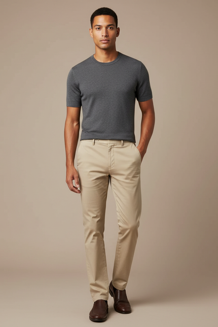 Pantalon Beige Coton Slim Élégant Homme