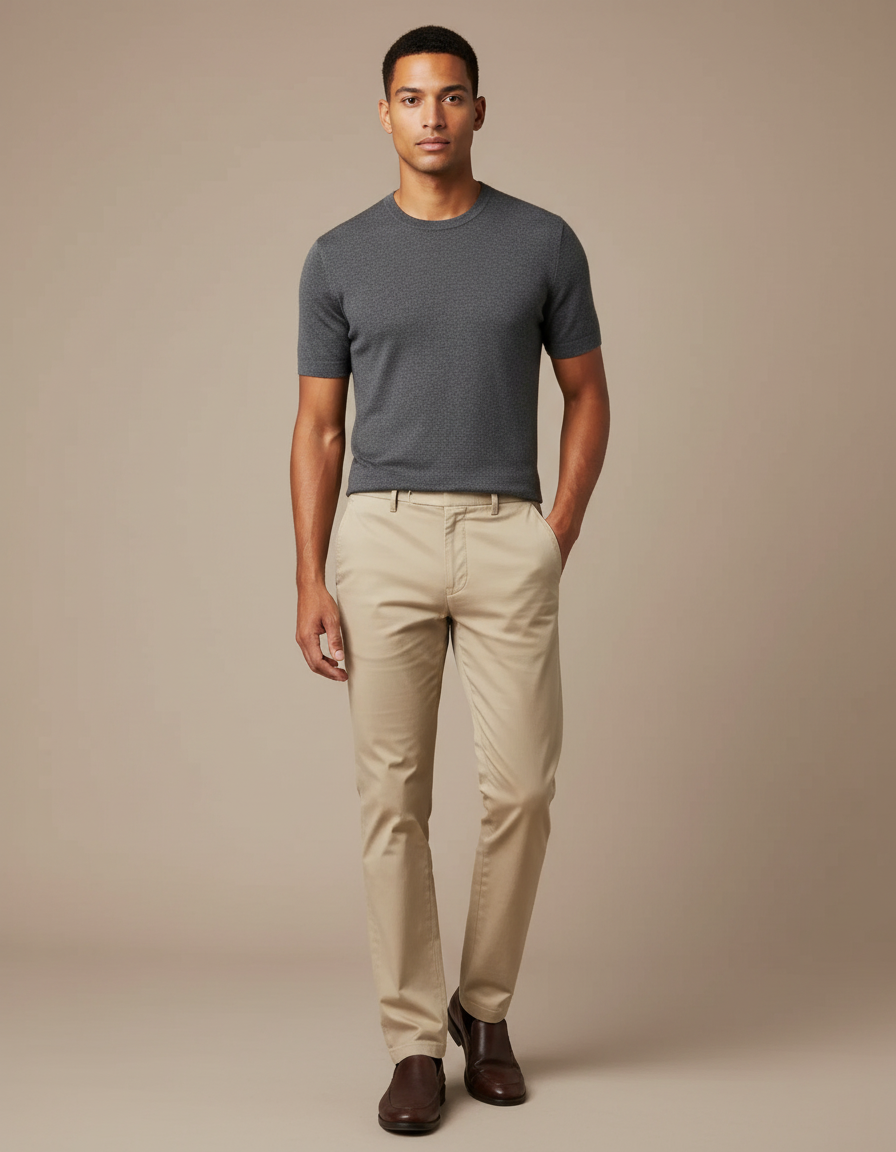 Pantalon Beige Coton Slim Élégant Homme