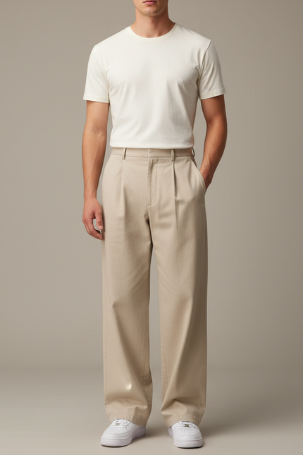 Pantalon Beige Coton Ample Droit Homme