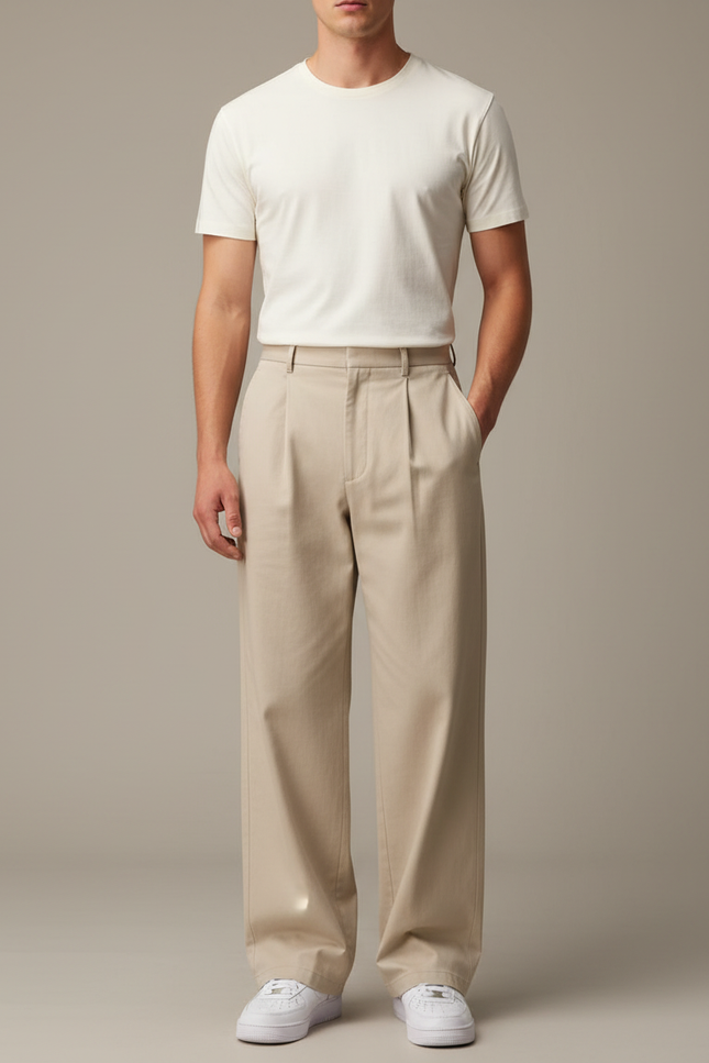 Pantalon Beige Coton Ample Droit Homme