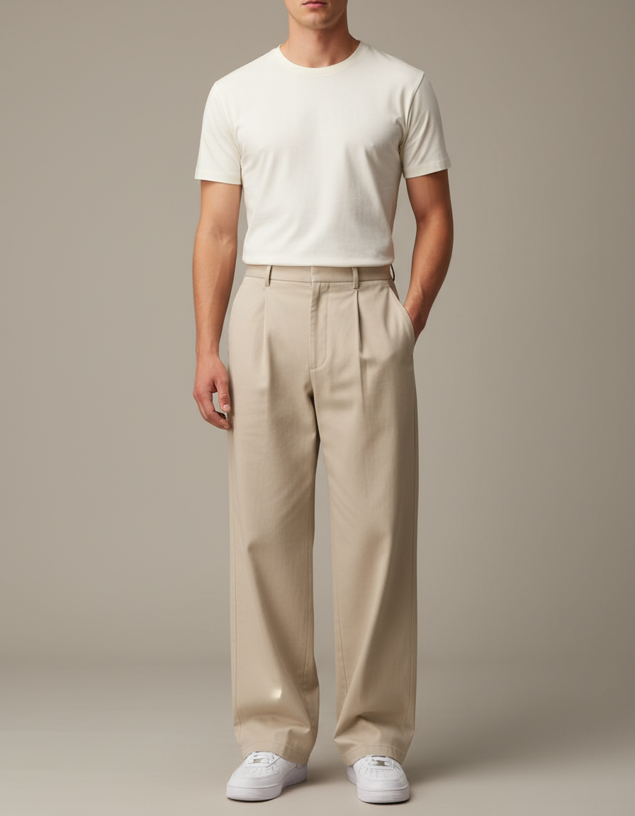 Pantalon Beige Coton Ample Droit Homme