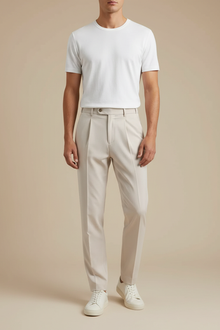 Pantalon Beige Plissé Élégant Homme Décontracté Classique - Gabardine