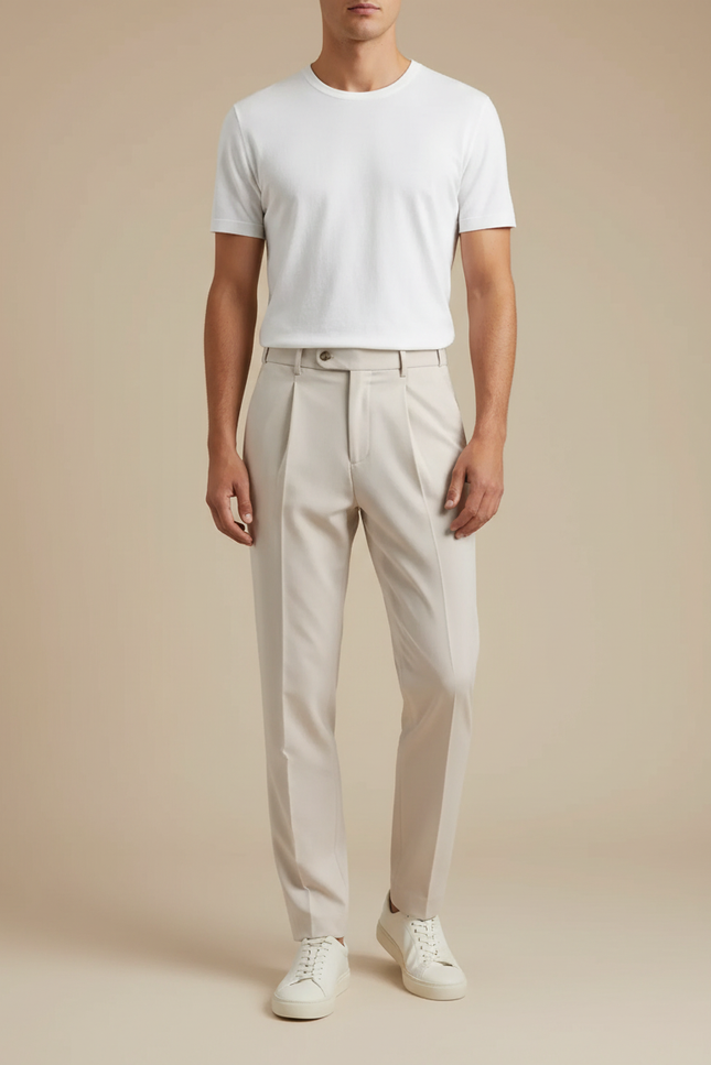 Pantalon Beige Plissé Élégant Homme Décontracté Classique - Gabardine