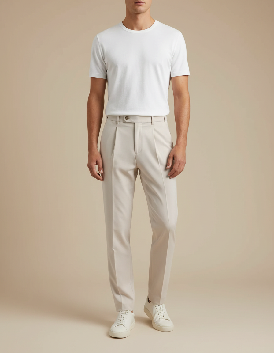 Pantalon Beige Plissé Élégant Homme Décontracté Classique - Gabardine