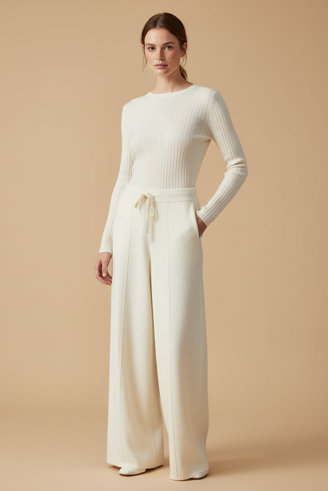 Pantalon Beige Ample Laine Tricoté Décontracté