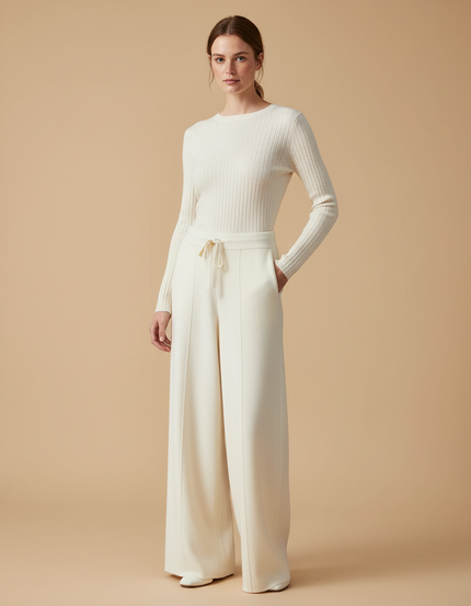 Pantalon Beige Ample Laine Tricoté Décontracté