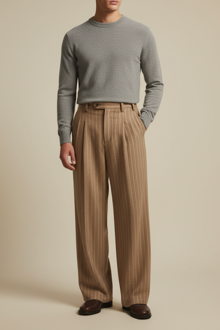 Pantalon Beige Rayé Ample Plissé Élégant Homme - Laine