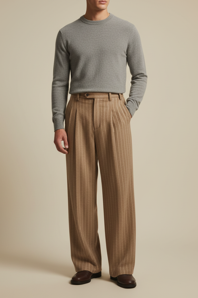 Pantalon Beige Rayé Ample Plissé Élégant Homme - Laine