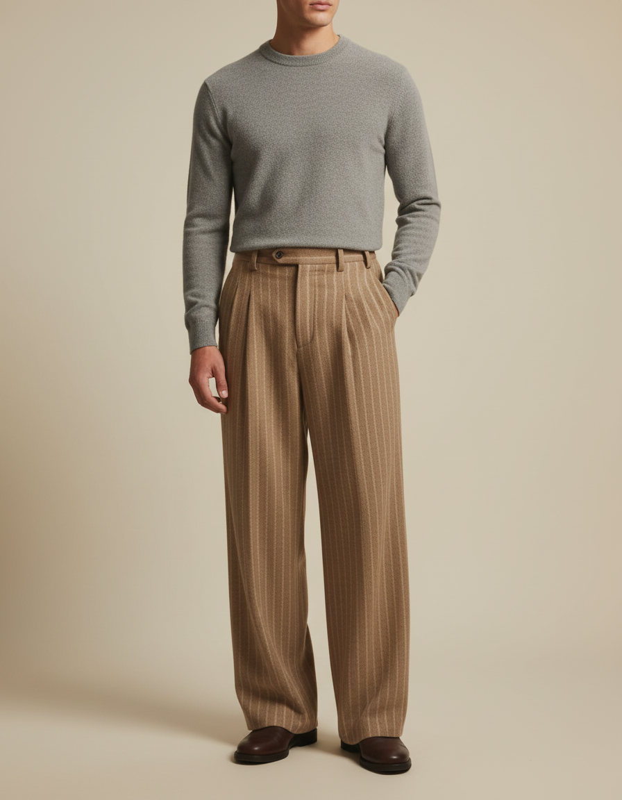 Pantalon Beige Rayé Ample Plissé Élégant Homme - Laine
