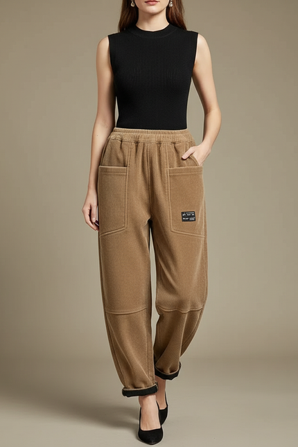 Pantalon Beige Côtelé Ample Taille Haute Casual - Cordé