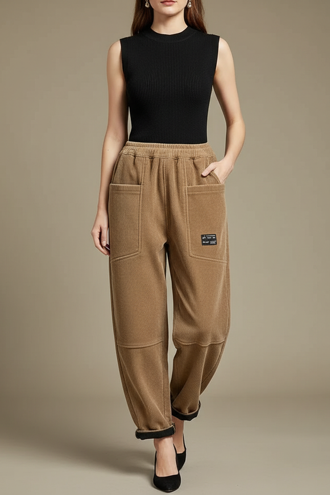 Pantalon Beige Côtelé Ample Taille Haute Casual - Cordé