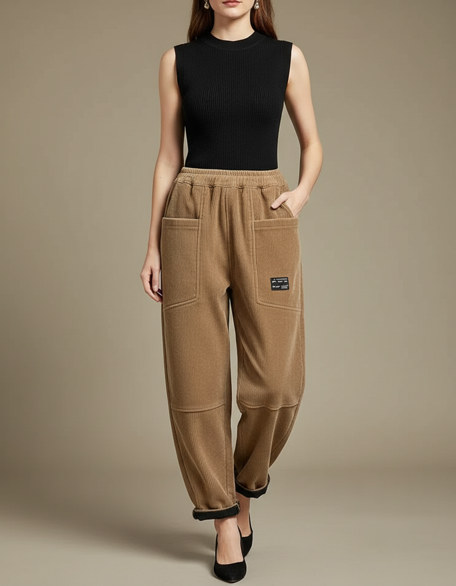Pantalon Beige Côtelé Ample Taille Haute Casual - Cordé