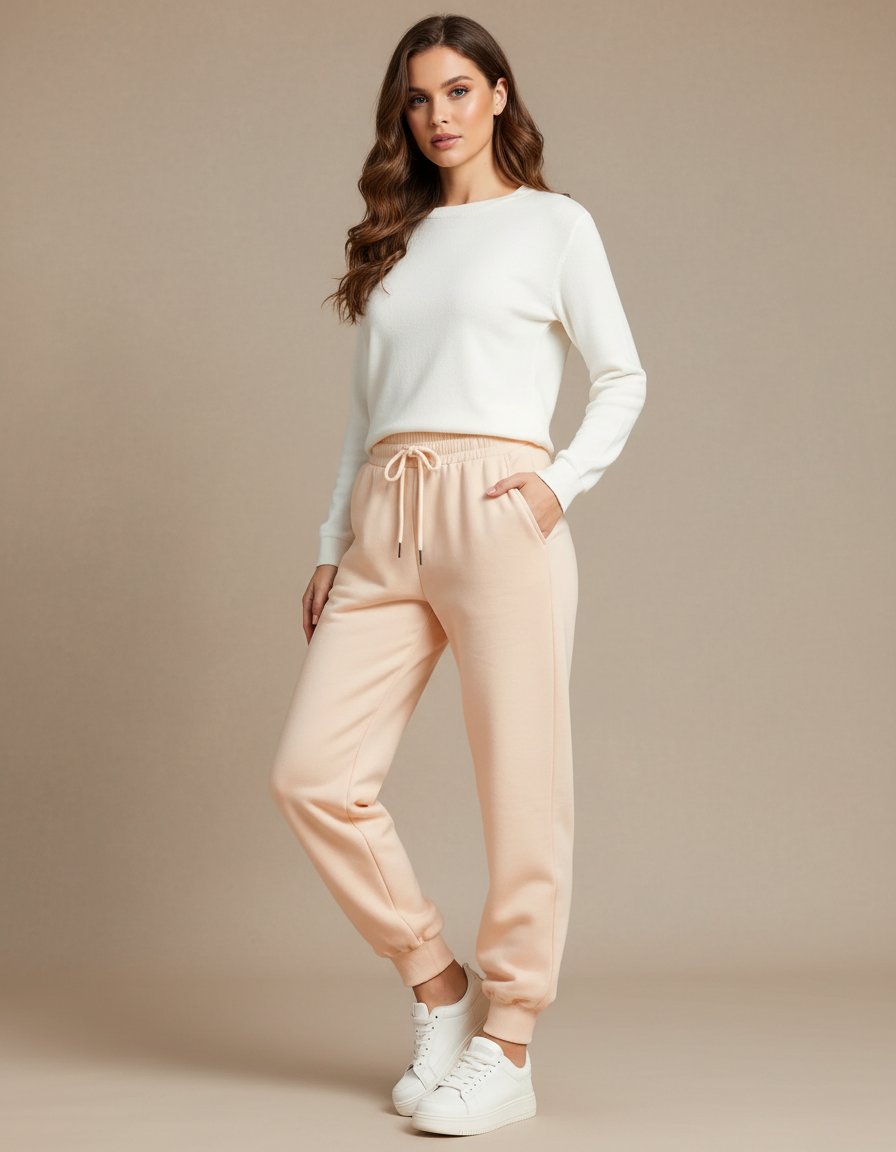 Pantalon Beige Cordon Ample Molleton Décontracté Femme