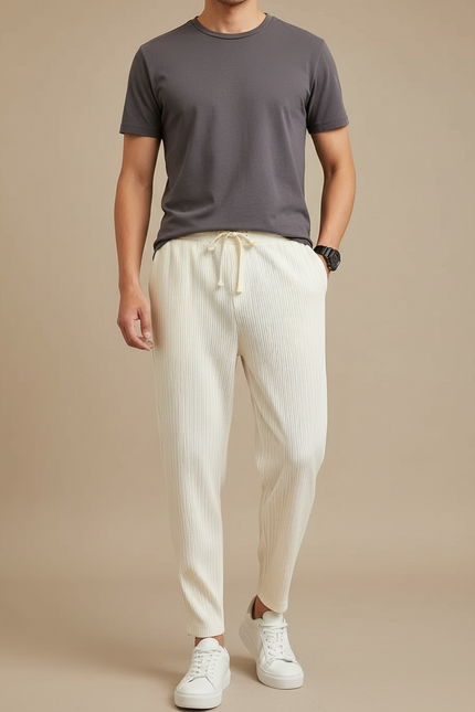 Pantalon Beige Plissé Droit Décontracté Côtelé Homme - Cordé