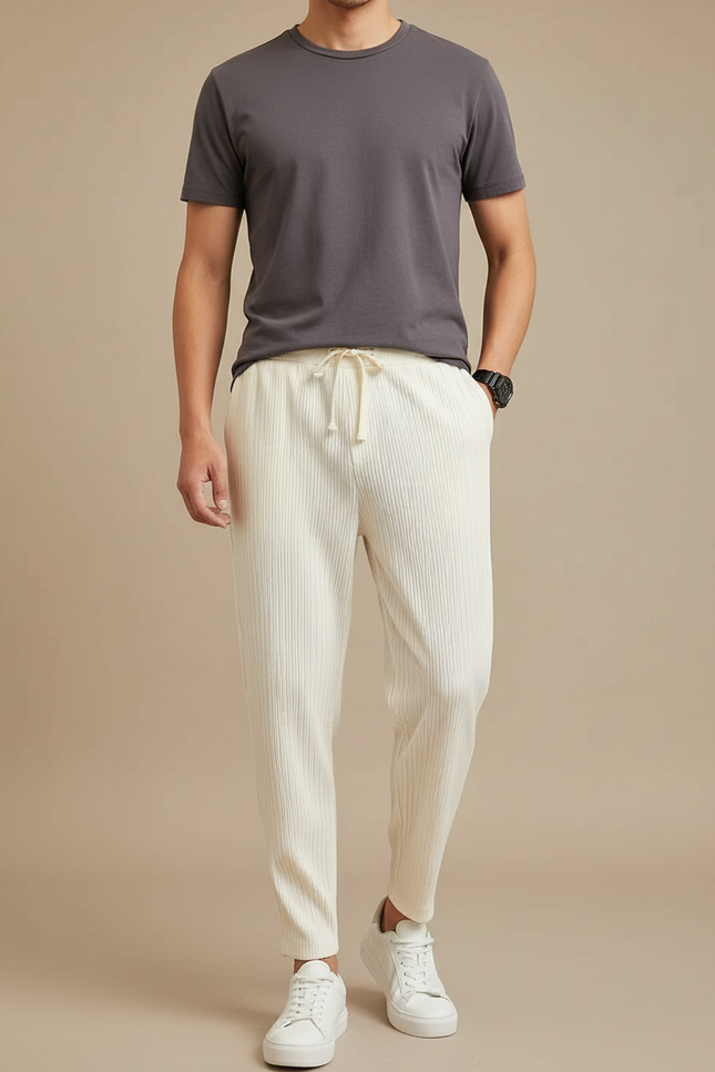 Pantalon Beige Plissé Droit Décontracté Côtelé Homme - Cordé