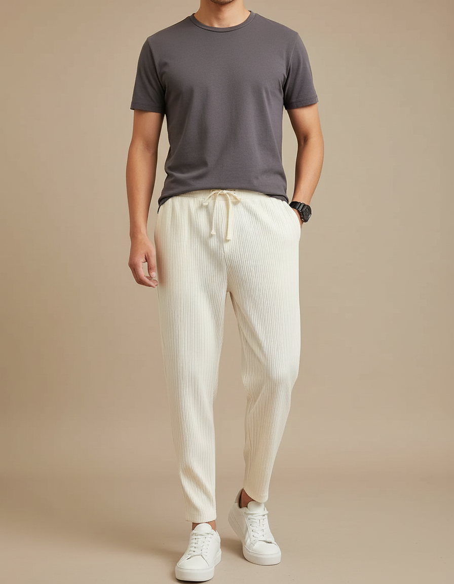 Pantalon Beige Plissé Droit Décontracté Côtelé Homme - Cordé