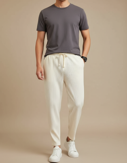 Pantalon Beige Plissé Droit Décontracté Côtelé Homme - Cordé
