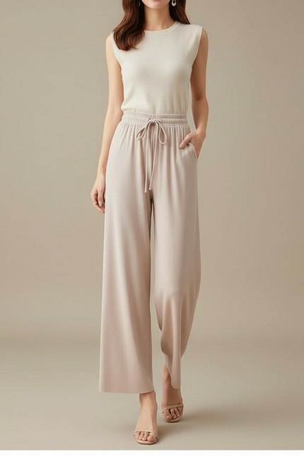 Pantalon Beige Fluide Ample Cordon Décontracté Élégant - Viscose