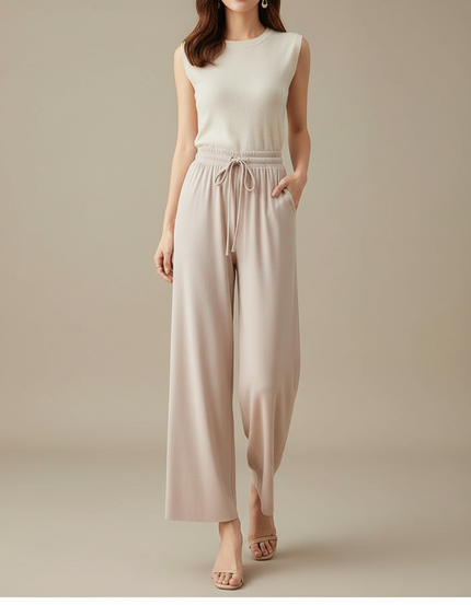 Pantalon Beige Fluide Ample Cordon Décontracté Élégant - Viscose