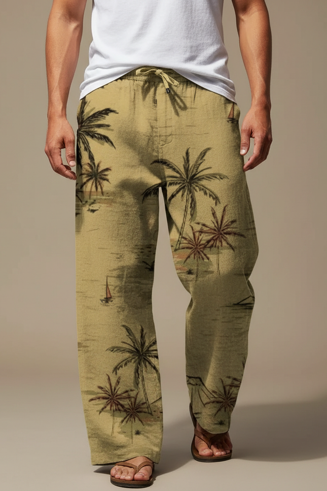 Pantalon Beige Ample Lin Cordon Imprimé Palmier Homme